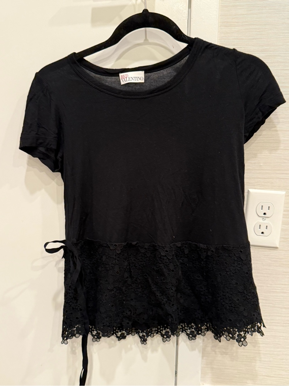 RED Valentino Black Short Sleeve Tee with Lace Hem and Side Tie